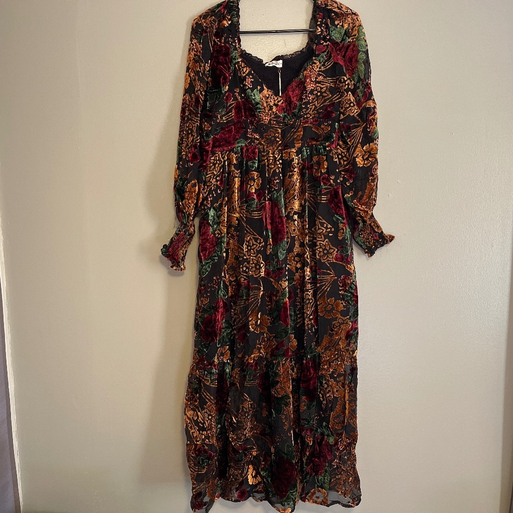 Boho Floral Velvet Maxi Dress - Black with Burgundy & Green